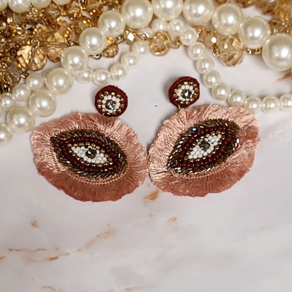 New Oversized Boho Funky Evil Eye Beaded Silk Fringe Drop Earrings - Picture 5 of 8